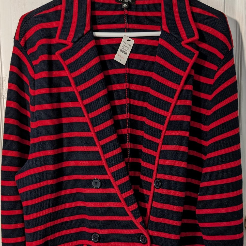 Talbots Blue Red Stripe Blazer Unlined Knit Double Breast Stretch 14.